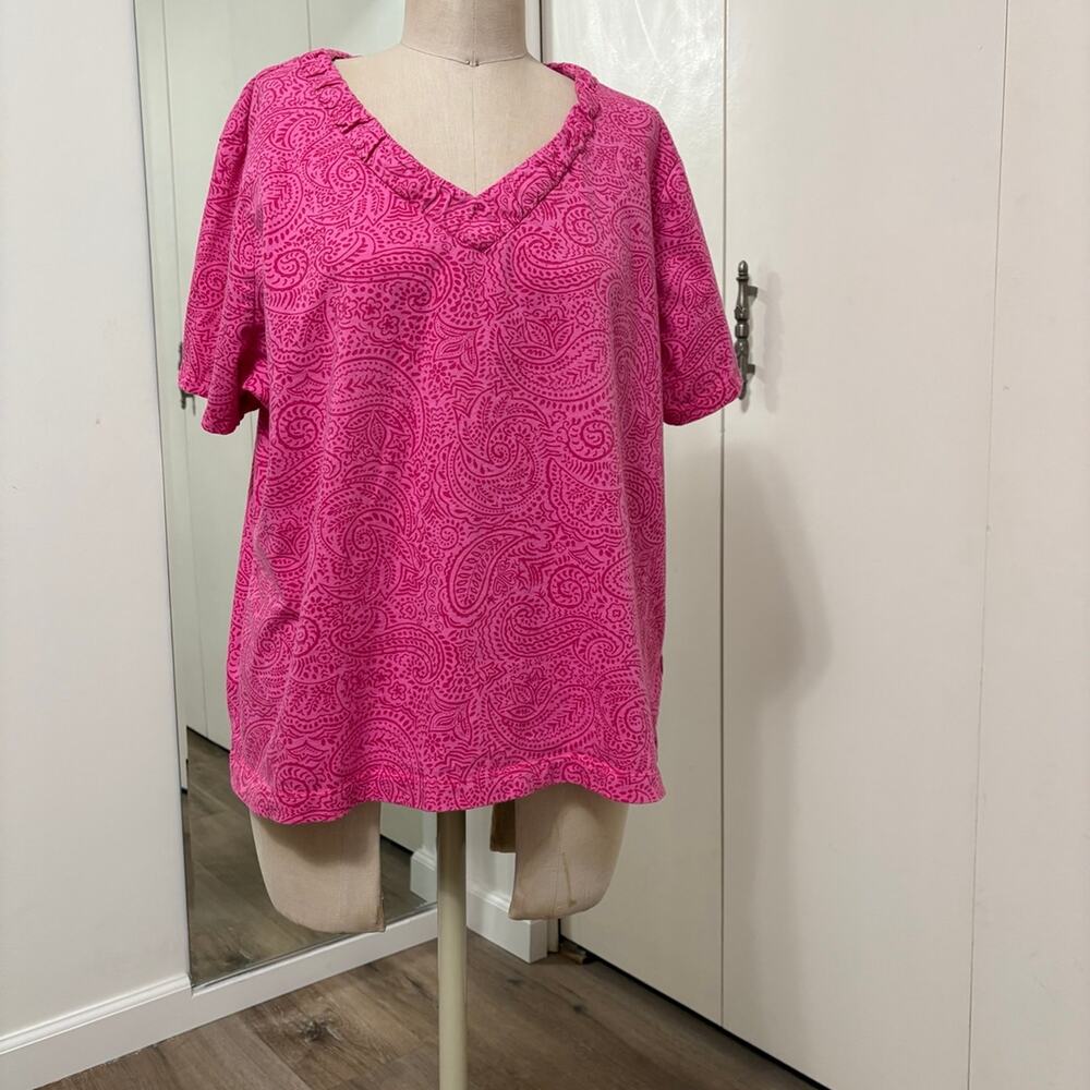 Liz Claiborne Woman's Pink Paisley V-Neck Short Sleeve Casual Top Size 2X